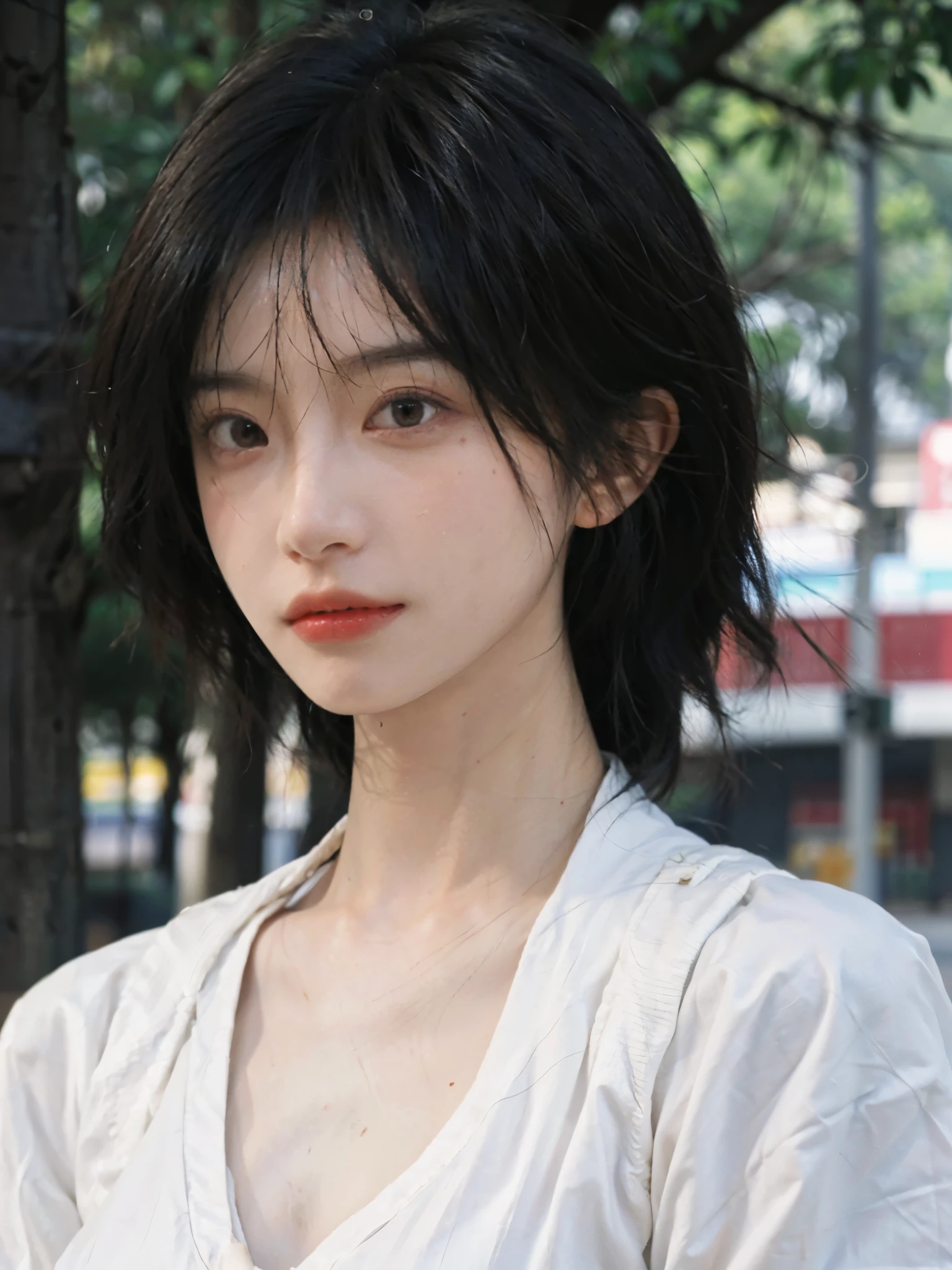 (Skin details:1.4), (smooth skin textures:1.3), Lipstick, background, earrings, Serene, calm, (Realistic and detailed eyes：1.2）, (Large Breasts:1.3),Natural skin texture, Realistic facial details, Soft dramatic lighting, Vivid details, 35 mm film, outdoor, (Photo Practical:1.4), (hyper Practical:1.4), (Practical:1.3), (Smoother lighting:1.05), (Improve lighting quality:0.9), (Highest quality real skin textures:1.4), Exquisite eyes, Delicate face, Close-up of face, (Enhance the beauty of skin texture:1.1), Hair details,  Model，normal body ratio, short hair, Moles under the eyes, Park background，Portrait Photography, Depth of Field, bokeh, Surrealism, Ray Tracing, (Portrait Photography:1.1), Surrealism, High Detail, clair obscur, Ray Tracing, reflected light, ultra HD, ultra HD, masterpiece, Textured Skin, Super Detail, High Detail, high quality, best quality