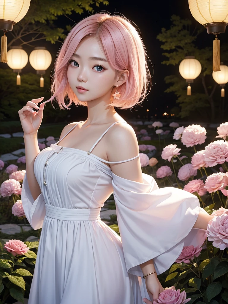 In light novel art style, a young Korean woman 28s. Her hair is short at shoulder in a blonde pink colors. Her face is slightly shorter than it is long, which carry a warm , expressive face. Her skin is radiant and clear, and her curved lips. Large blue eyes are expressive and captivating. Her natural body and defined made up of proportional curves. She is wearing a white dress while the light of the lanterns in the botan garden at night illuminates the flowers