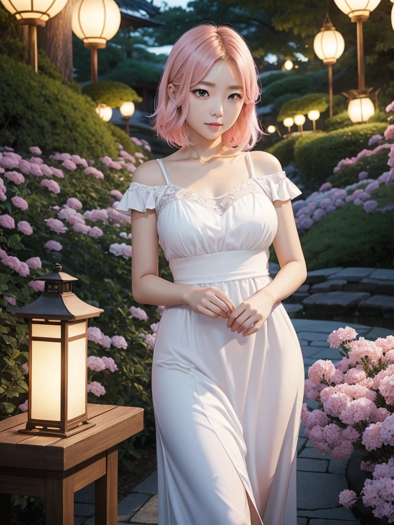 In light novel art style, a young Korean woman 28s. Her hair is short at shoulder in a blonde pink colors. Her face is slightly shorter than it is long, which carry a warm , expressive face. Her skin is radiant and clear, and her curved lips. Large blue eyes are expressive and captivating. Her natural body and defined made up of proportional curves. She is wearing a white dress while the light of the lanterns in the botan garden at night illuminates the flowers