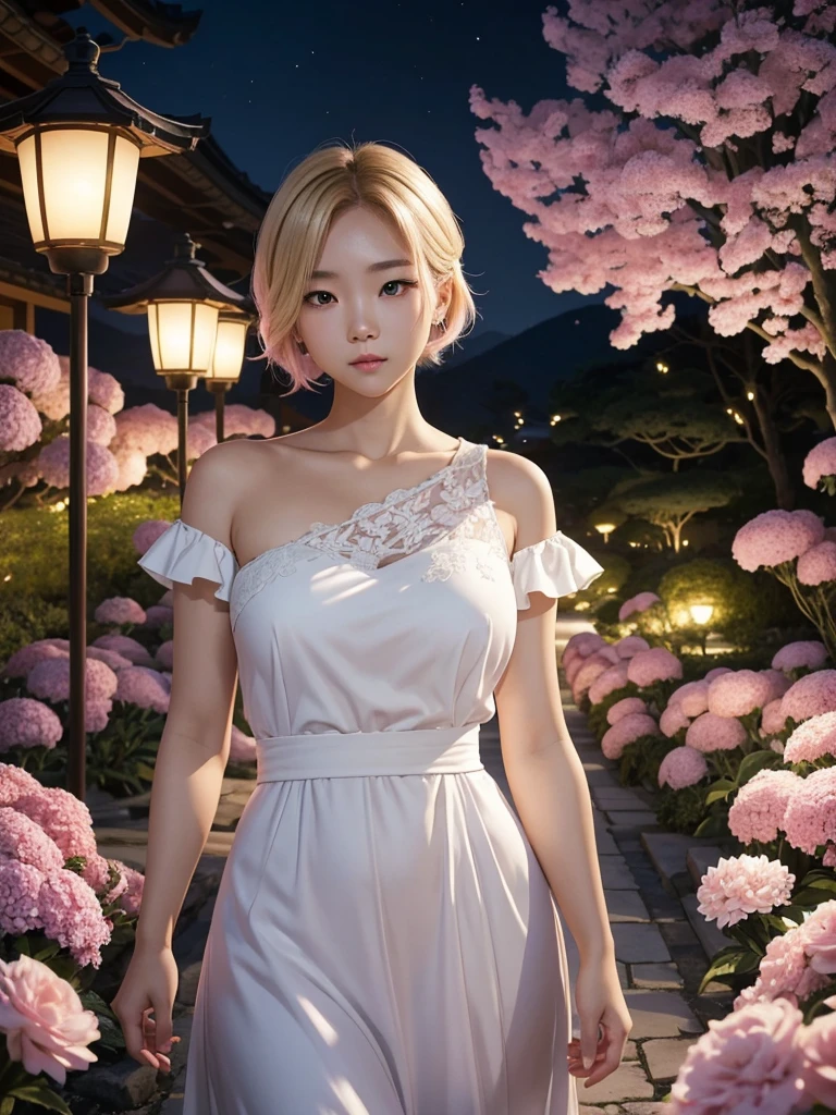 In light novel art style, a young Korean woman 28s. Her hair is short at shoulder in a blonde pink colors. Her face is slightly shorter than it is long, which carry a warm , expressive face. Her skin is radiant and clear, and her curved lips. Large blue eyes are expressive and captivating. Her natural body and defined made up of proportional curves. She is wearing a white dress while the light of the lanterns in the botan garden at night illuminates the flowers