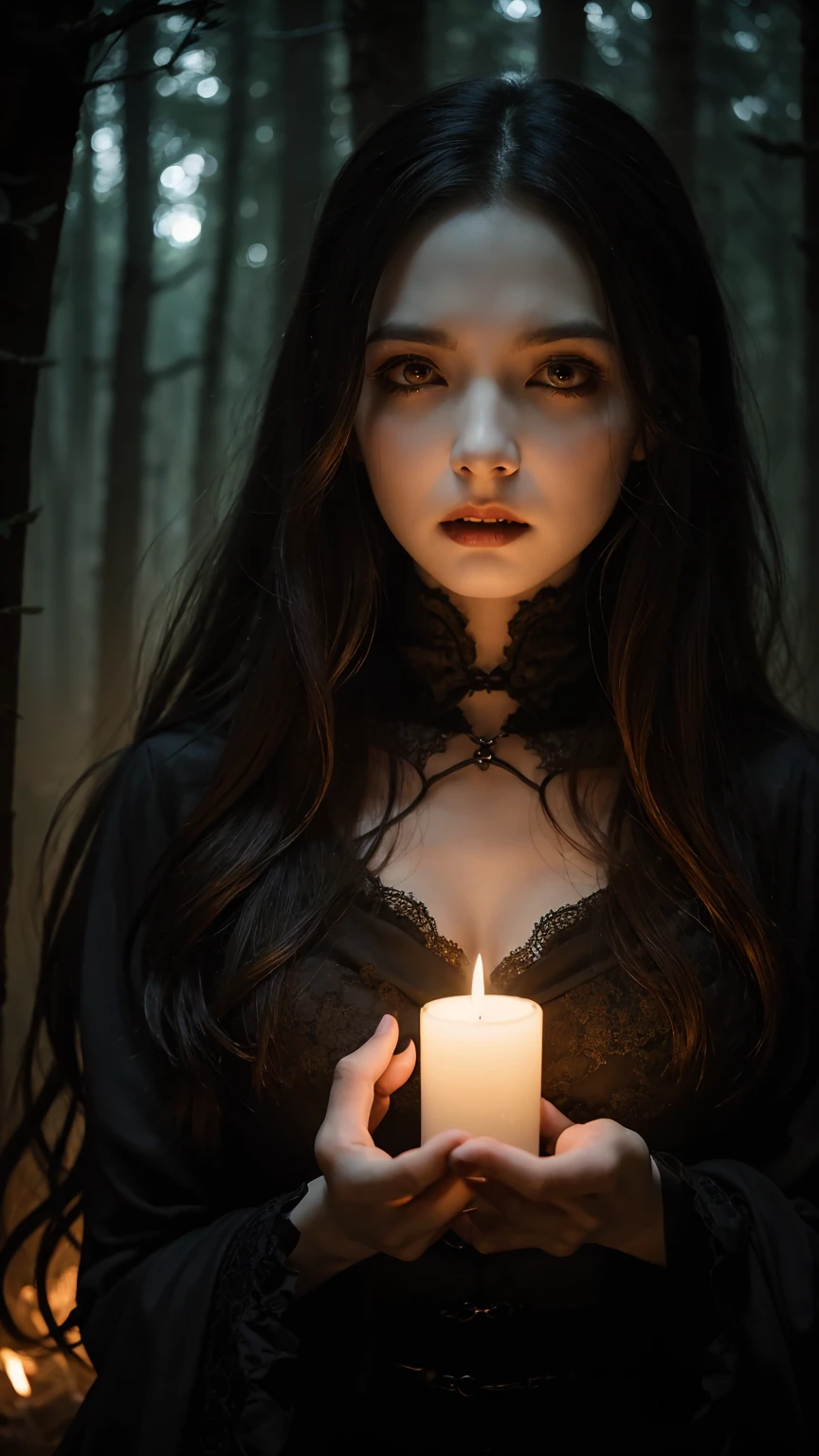 Ghostly Face Vampire, Disheveled Hair, Gothic portraits、 "Dracula" story, with tips "Lord of the Ring" Aesthetics in the Dark, Forest-themed environment. 4K high definition images, soft, Mysterious glow of dusk, Capture every intricate detail of the vampire's face and clothing - from sharp fangs to dark, Look down at the old man, A tattered cloak and dried blood on his lips.. Deep in the eyes of a vampire, Emotional confusion, Adds to the mysterious atmosphere