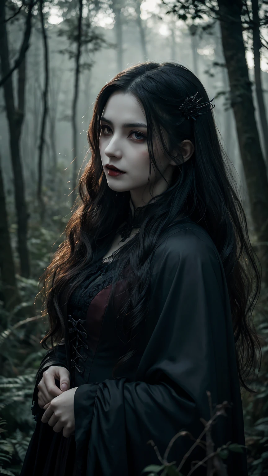 Ghostly Face Vampire, Disheveled Hair, Gothic portraits、 "Dracula" story, with tips "Lord of the Ring" Aesthetics in the Dark, Forest-themed environment. 4K high definition images, soft, Mysterious glow of dusk, Capture every intricate detail of the vampire's face and clothing - from sharp fangs to dark, Look down at the old man, A tattered cloak and dried blood on his lips.. Deep in the eyes of a vampire, Emotional confusion, Adds to the mysterious atmosphere