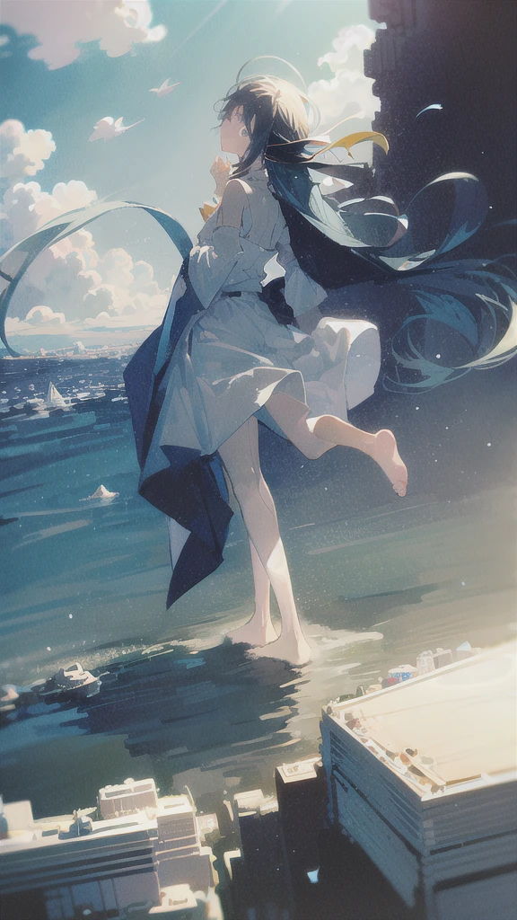 masterpiece, Highest quality, Absurd, figure, watercolor, One girl, alone, Long Hair, Black Hair, dress, Skirt Hold, water遊び, No sleeve, barefoot, Bare shoulders, Are standing, From behind, Outdoor, cloud, null, bird, water, rainbow, background, Light and shadow, Lighting,