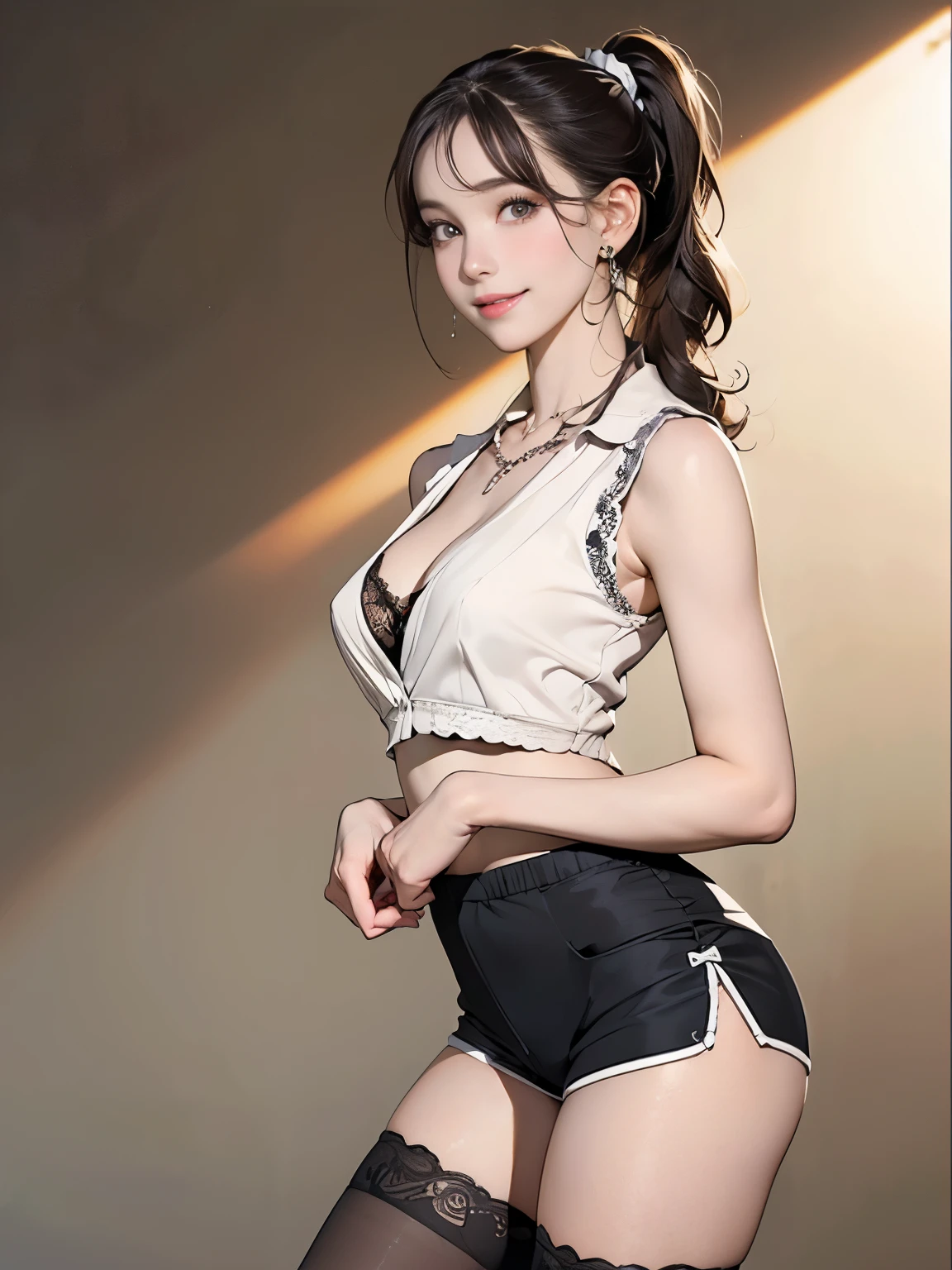 ((((Highest quality))))、(((Ultra-precision CG16K wallpaper)))、(((masterpiece)))、(((Super detailed)))、(((Extreme detail)))、((1Mature 29 year old woman:1.6))、((Very beautiful Japan face of a person))、((Urizane Face:1.8))、((Soft wavy ponytail medium hair:1.6))、(Shiny Hair)、A delicately drawn beautiful face、(Dark Eyes、Reflected light from the eye)、double eyelid、High nose、Small nostrils、Small Mouth、Seductive lips、Beautiful breasts、((C cup size breasts))、Cleavage、Small vertical belly button、Delicate nails、Beautiful feet、Thin thighs、eight-headed body、Perfect proportions、Perfect Anatomy、Perfect composition、Beautiful detailed shading、Beautiful, natural lighting、Beautiful detail glow、Depth of written boundary、(((High chroma)))、(((Real:1.9)))、((vivid:1.5))、((Beautiful Skin))、((Skin Texture))、((Realな皮膚感))、(((Cowboy Shot:1.6)))、(((front view、shoot from front、front low angle:1.6)))、(((smile:1.6)))、(((looking at camera:1.6)))、Bright daylight、Natural light、(((background_Park Square、Woodland:1.5)))、(Fashion model standing pose:1.6)、(((Sleeveless open-collar shirt&Low rise yoga shorts clothing:1.6)))、((Scrunchie Ribbon、necklace、Wearing earrings:1.5))、((Lace Stockings Clothed))、
