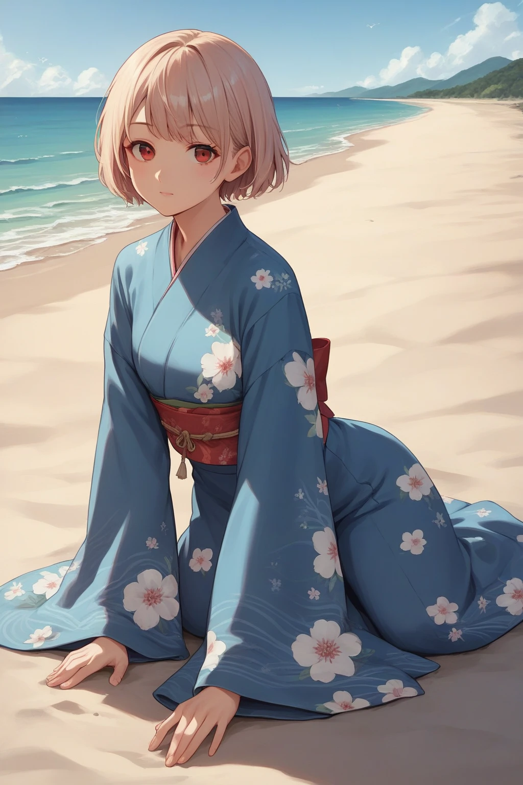 score_9, score_8_up, score_7_up, score_6_up, score_5_up, score_4_up, BREAK source_anime, 1girl, looking at viewer, short hair, red eyes, blue kimono, floral print, long sleeves, outside, sand, sea, sky