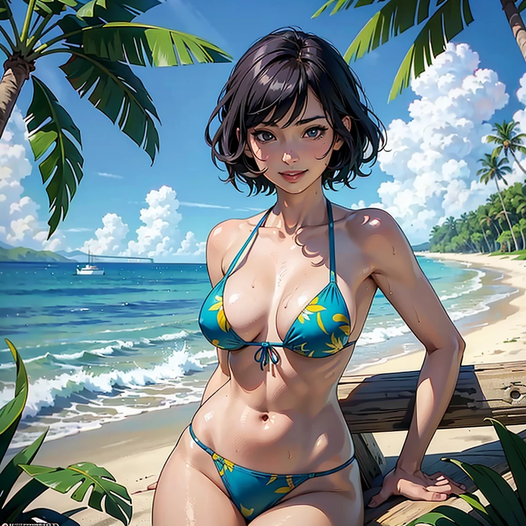 ((highest quality, masterpiece, High resolution)), ((reality)),Photos of beautiful Japanese women,((anime art))、 (((1 girl))), normal size breasts, slim body shape, medium short hair, double eyelid, Wet see-through micro bikini, A pareo with bold ethnic patterns and plenty of primary colors、realistic skin、Wet,whole body,cinematic light、tropical、Against the background of palm trees on both sides、on a sunny beach、With the sea in the background、blur background、smile