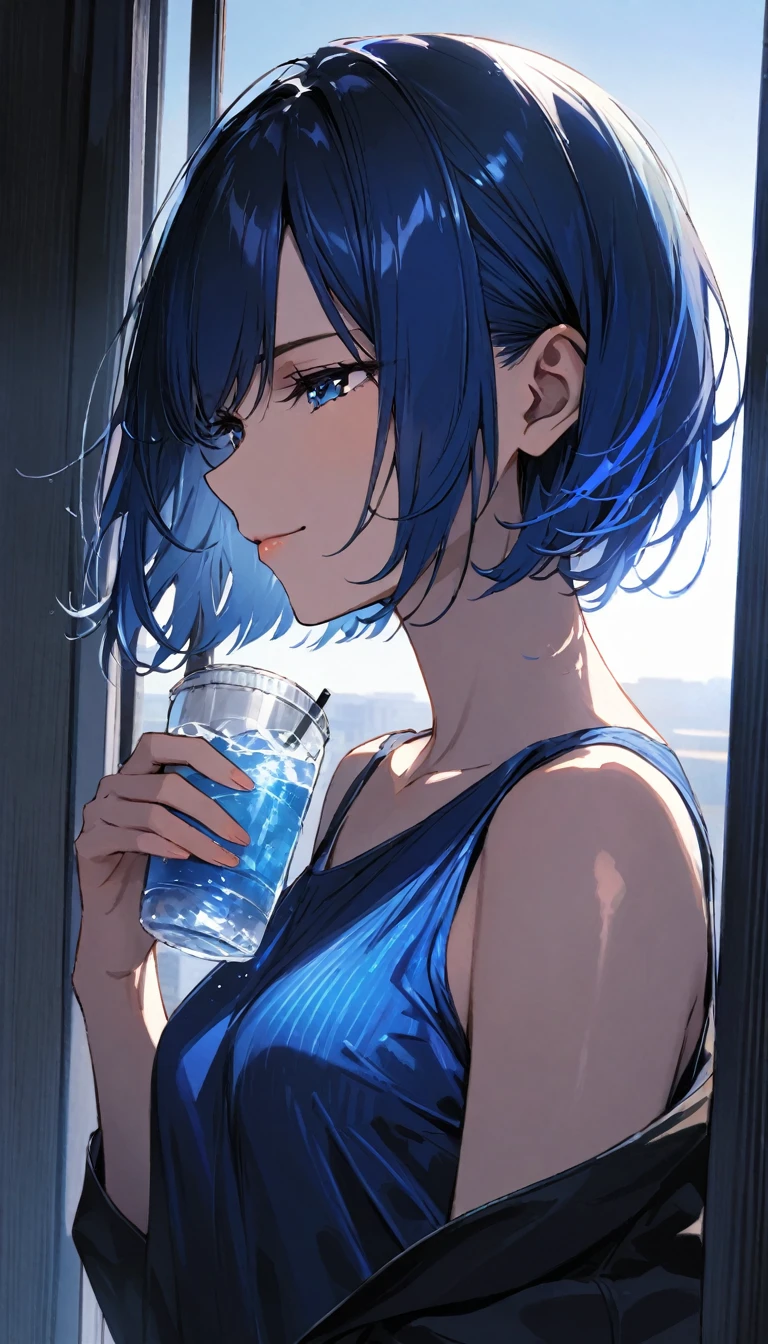 (masterpiece)、(absurdres)、(ultra detailed)、solo girl、slender:1.1、shiny ultramarine hair、straight hair、short bobcut:1.1、hair covering one eye:1.1、small breast:0.8、ultramarine eyes、irisless eyes,happy,closed mouth,half-closed eyes,(Drink iced water:1.1)、upper body shot,Contemporary interior、The morning sun shines through the window、BREAK,(black cloth),side view,
