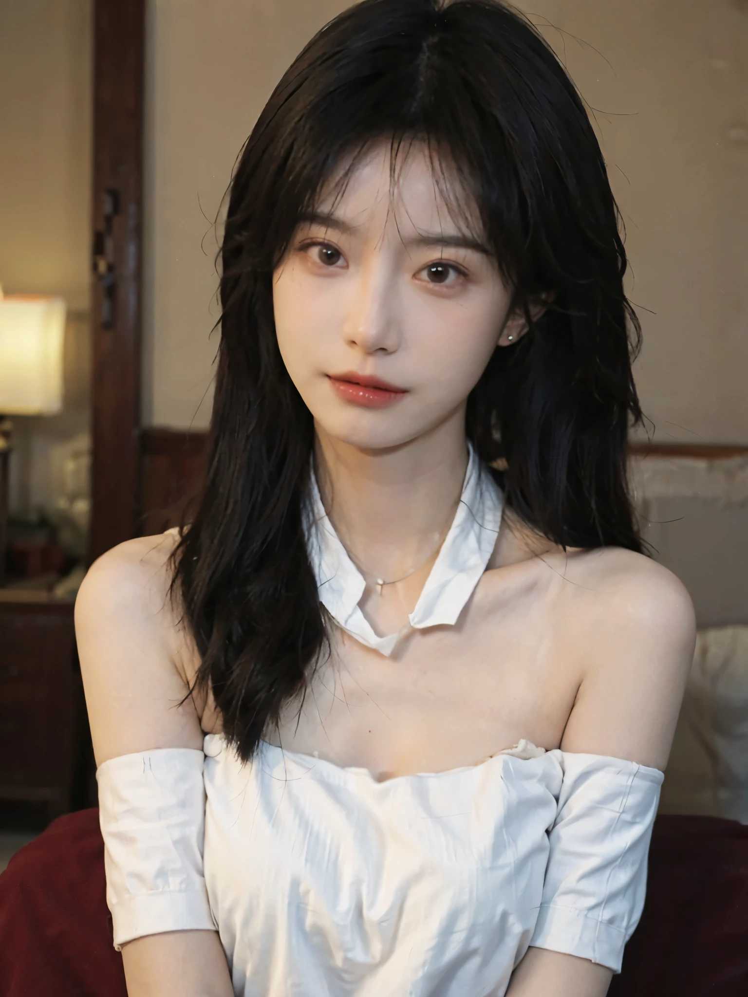 Film portrait photography, 1 girl, bare shoulders,lipstick,(flat chest:1.4), Shoulder length wavy hair, wear necklace,scarf,earrings,short sleeves,serene, calm, (Realistic and detailed eyes, natural skin texture, Realistic facial details), Soft dramatic lighting, depth of field, Bokeh, big breasts,Areola,split,cleavage,Vibrant details, Detailed and detailed, surreal, 35mm film, hazy, ,