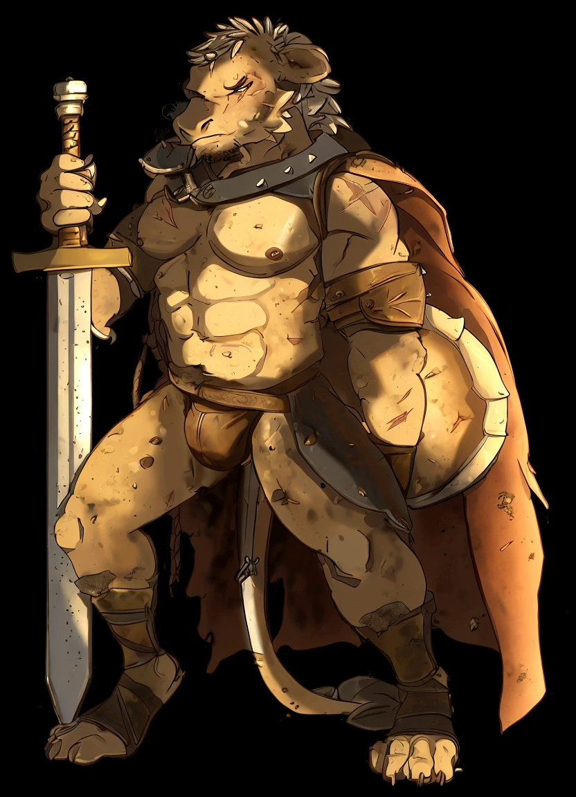 Solo Sexy young anthro scalie dragon male mercenary medieval solider, slim endomorph muscular, anthro handsome gay shorter muzzle, handsome gay model male apperance, sword scars, worn out leather skimpy armament, low on hips heavy leather belt, old very worn out skimpy dirty linen material jockstrap, old yellow dirty worn out stains on white sawn jockstrap, very visible "x" brown seam pattern on the jockstrap, studded skimpy armlets breastplate armor, skimpy breastplate, leather bondages, fingerless leather gloves, smelly unwashed husk, dirty body look, desert battlefield, standing in sexy fighting position, close view of full character