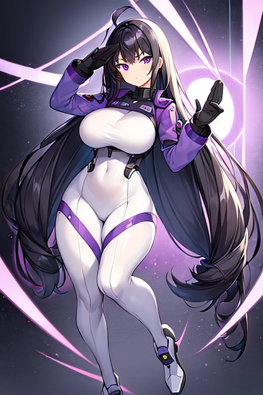 1girl, black hair, long hair, serious, salute, purple eyes, white bodysuit, bodysuit, large breasts, breasts, futuristic, tech, science-fiction, machinery, mature female, thick thighs, long sleeves, full body, ((full body)), standing