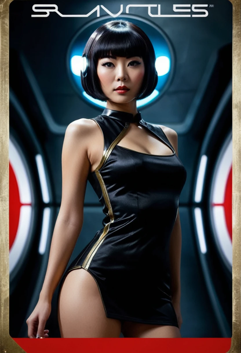 ((wearing star trek original series 60s/70s one piece sexist sexy short mini dress) (bridge crew uniform )) (asian-european, half-asian crew member with bob haircut and slim figure) ((in the style of a retro-futuristic, retro-scifi film set, pulp scifi book cover) ((in the style of a movie, soft focus, cinematic, pulp, film grain) sexy, provocative, dynamic pose, action pose, film poster