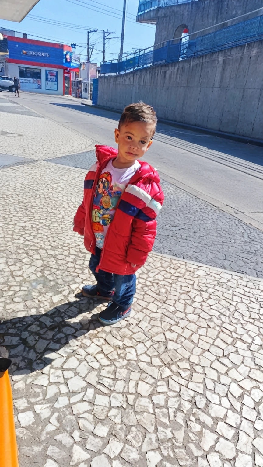 there's a boy standing on the sidewalk in a red jacket, standing in street, standing in the city center, em tempo ensolarado, standing in street, boy walking, in street da cidade, , in street, in a sunny day, in street, in street, at a street, inspired by Antônio Parreiras, not disney pixel world.