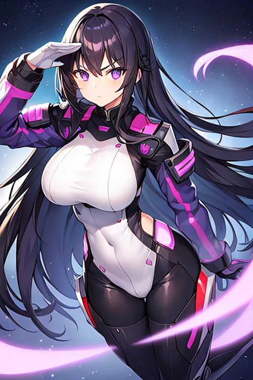 1girl, black hair, long hair, serious, salute, purple eyes, white bodysuit, bodysuit, large breasts, breasts, futuristic, tech, science-fiction, machinery, mature female, thick thighs, long sleeves, full body, ((full body)), standing