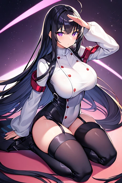 1girl, black hair, long hair, serious, salute, purple eyes, white bodysuit, bodysuit, large breasts, breasts, futuristic, tech, science-fiction, machinery, mature female, thick thighs, long sleeves, full body, ((full body)), standing