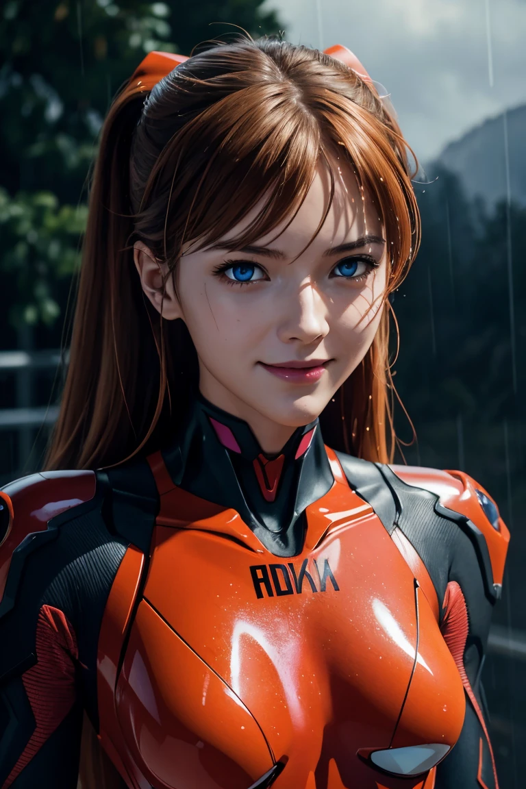 Evangelion,Asuka Langley,blue eyes,Plug Suit,Bodysuits,Interface Headset,赤いBodysuits,Ultra HD,super high quality,masterpiece,Digital SLR,Photorealistic,Detailed details,Vivid details,Depicted in detail,A detailed face,Detailed details,Super Detail,Realistic skin texture,Anatomical basis,Perfect Anatomy,Anatomically correct hand,Anatomically correct fingers,Complex 3D rendering,Sexy pose,Rainy Sky,Beautiful scenery,Fantastic rainy sky,Picturesque,Pink Lips,smile,