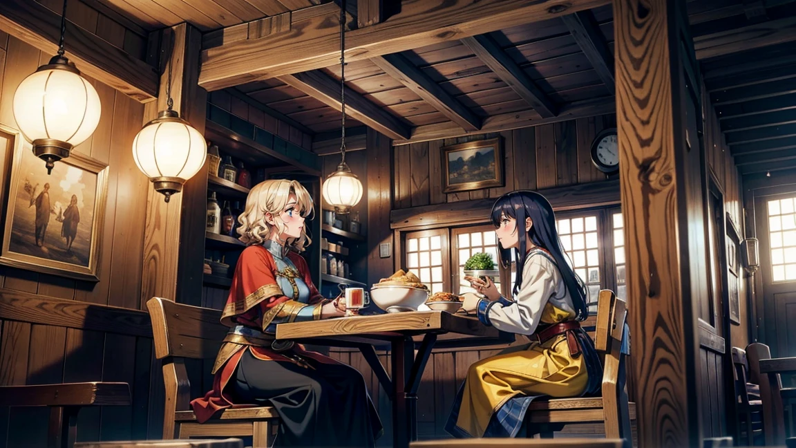 A bustling eatery in a medieval fantasy city, known as 'Luna's Diner', filled with the aroma of fresh food. The restaurant has wooden tables, benches, and a warm, inviting atmosphere. The walls are adorned with colorful tapestries and lanterns casting a soft glow. A female traveler sits at a table, enjoying a hearty meal. She has short, curly hair, fair skin, and wears simple traveler's clothes.