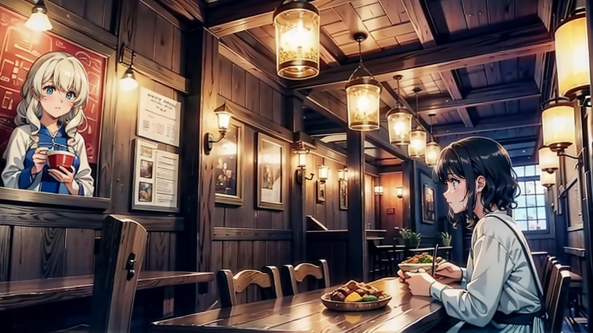 A bustling eatery in a medieval fantasy city, known as 'Luna's Diner', filled with the aroma of fresh food. The restaurant has wooden tables, benches, and a warm, inviting atmosphere. The walls are adorned with colorful tapestries and lanterns casting a soft glow. A female traveler sits at a table, enjoying a hearty meal. She has short, curly hair, fair skin, and wears simple traveler's clothes.