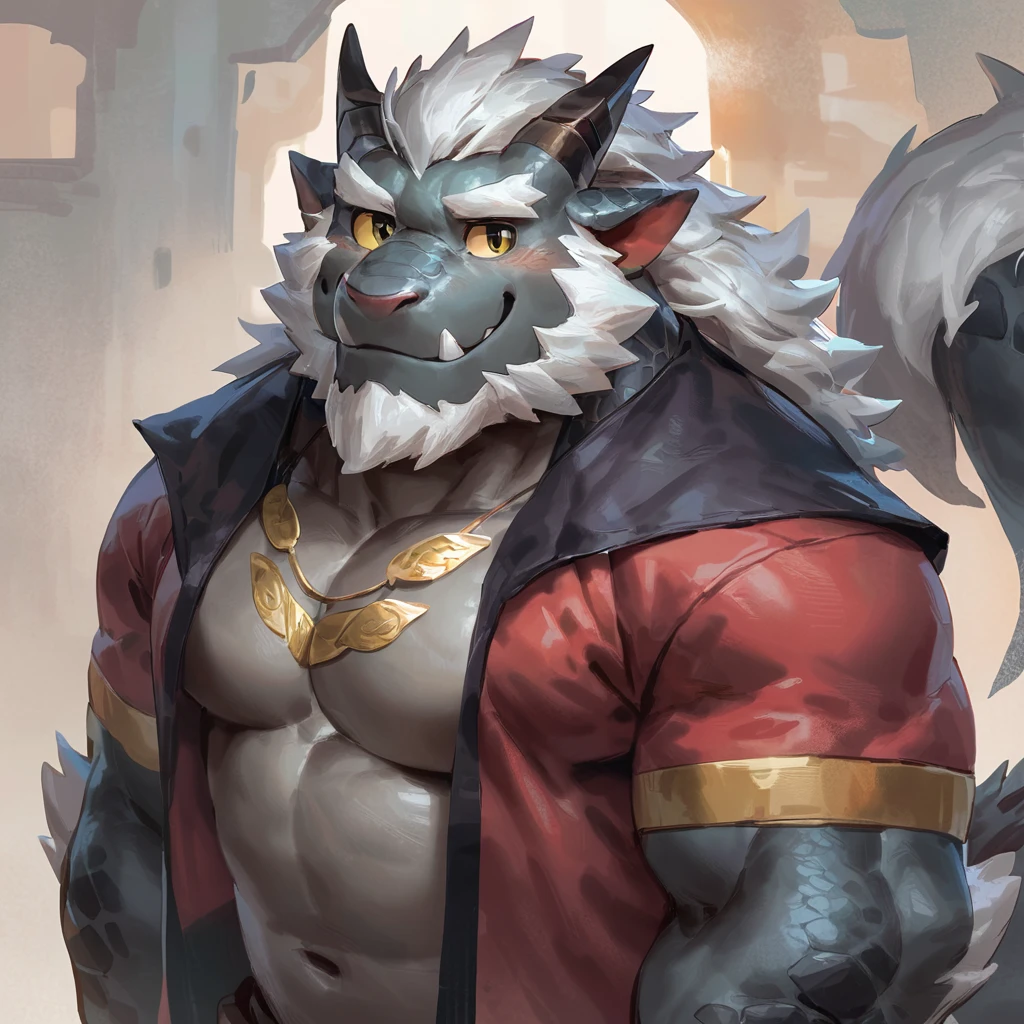 (artist: gamma_g, lindong, null-ghost, dangpa) 1male, sfw, eastern dragon, , bara, one fluffy tail, old man, fluffy mane, , grey body, white hair, background, solo, scales, detailed scales, golden decals, everyday clothes, sharp short ears, yellow iris, white sclera, big eyes, white beard, white mustache, sharp iris, thick thighs, muscular legs, veiny, fluffy hair, detailed face:2.0, one tail, masterpiece:2.0, sharp fang, perfect eyes, smug, chest fluff