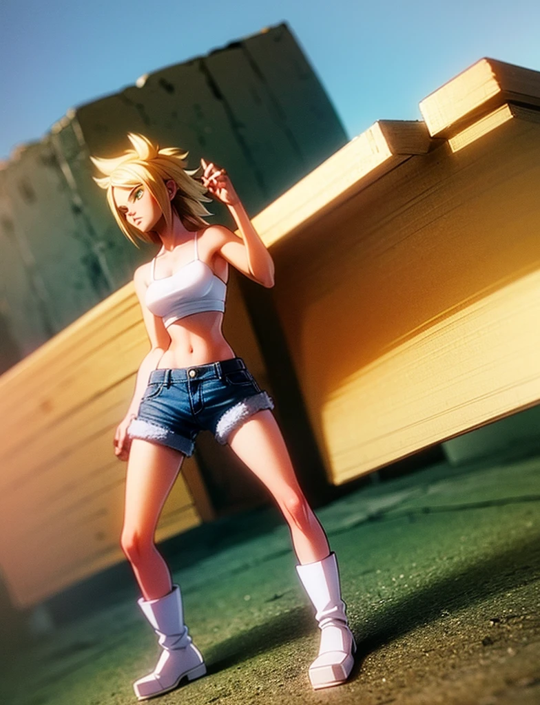 Sexy young girl with a good body, long hair blonde green eyes short white shirt bare shoulders, bright blue short jean shorts, short brown boots with white, standing, spiky hair, bristly hair, standing, pose standing