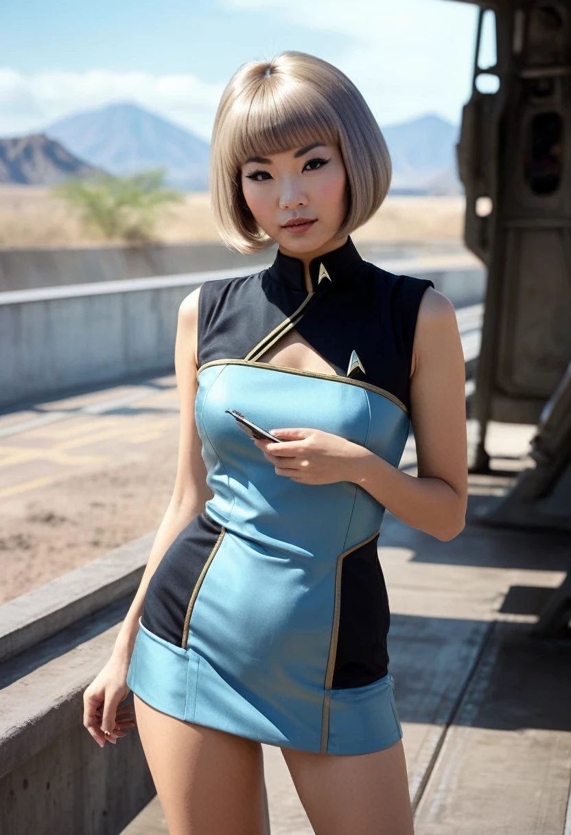 ((wearing star trek original series 60s/70s one piece sexist sexy short mini dress) (bridge crew uniform )) (asian-european, half-asian crew member with bob haircut and slim figure) ((in the style of a retro-futuristic, retro-scifi film set, pulp scifi book cover) ((in the style of a movie, soft focus, cinematic, pulp, film grain)