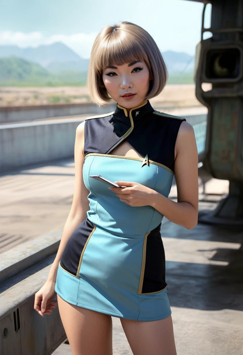 ((wearing star trek original series 60s/70s one piece sexist sexy short mini dress) (bridge crew uniform )) (asian-european, half-asian crew member with bob haircut and slim figure) ((in the style of a retro-futuristic, retro-scifi film set, pulp scifi book cover) ((in the style of a movie, soft focus, cinematic, pulp, film grain)