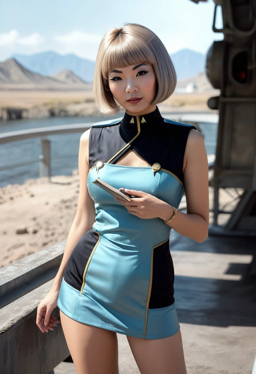 ((wearing star trek original series 60s/70s one piece sexist sexy short mini dress) (bridge crew uniform )) (asian-european, half-asian crew member with bob haircut and slim figure) ((in the style of a retro-futuristic, retro-scifi film set, pulp scifi book cover) ((in the style of a movie, soft focus, cinematic, pulp, film grain)