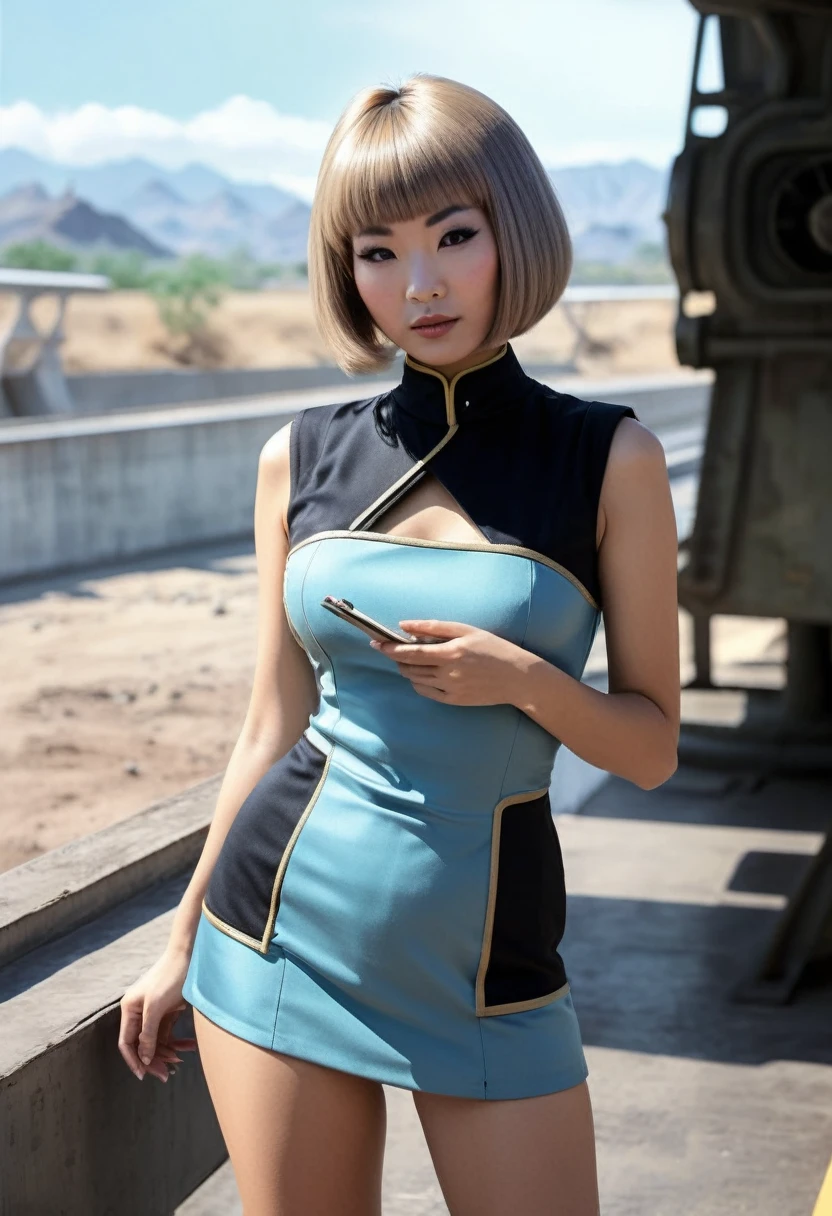 ((wearing star trek original series 60s/70s one piece sexist sexy short mini dress) (bridge crew uniform )) (asian-european, half-asian crew member with bob haircut and slim figure) ((in the style of a retro-futuristic, retro-scifi film set, pulp scifi book cover) ((in the style of a movie, soft focus, cinematic, pulp, film grain)