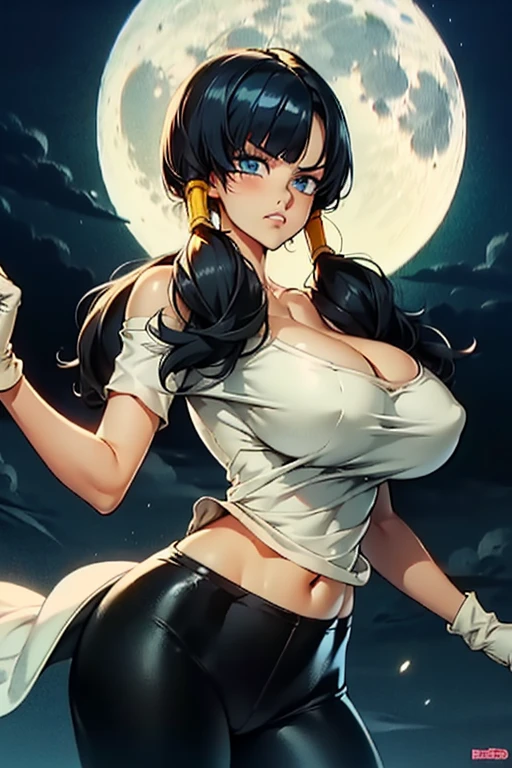 Waifu, masterpiece, curvy, breasts, moon, full moon, gloves, 1girl, clenched teeth, videl, cleavage, large breasts, teeth, ((straight black hair)), ((white top:1.3)), blue eyes, rating:explicit,rule34, hardcore, ,clenched hands, night, sky, ((side bangs:1.4)), (white skin:1.5), bare shoulders, blue hair, clenched hand, rating:questionable, ((low twintails:1.5)), ((black tight shorts)), solo, angry, lip biting(gigantic and massive tits:1.1), breasts, official illustration, illustration, detailed face, beautiful intricate eyes,1:2), titsnipples