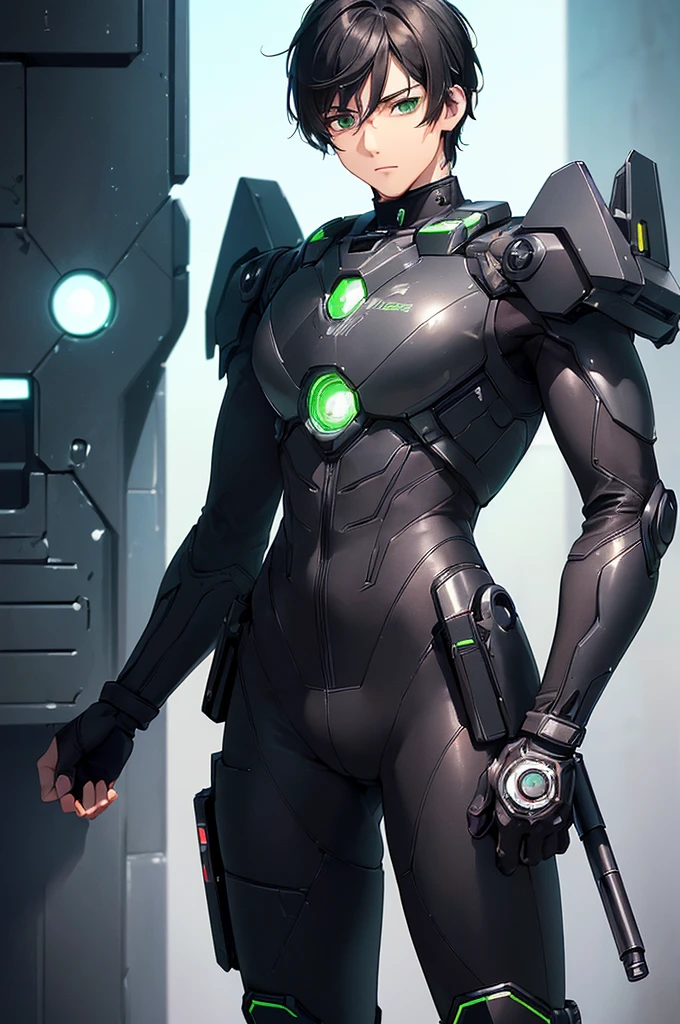 (masterpiece; best quality: 1.2), (finely detailed eyes: 1.3), ((25 year old man)), ((solo)), (green eyes: 1.4), (body; lean, fit, masculine: 1.3), (short black hair: 1.3), (beautiful and clear background: 1.2), ((depth of field)), (equipment: black mech pilot bodysuit + black gloves + futuristic pistol: 1.3), (anime illustration: 1.2), (background composition; white mech hangar: 1.1), (extremely fine and handsome: 1.1), (shot composition; standing + centered on torso + close-up: 1.5), (expression; calm, stoic: 1.2)