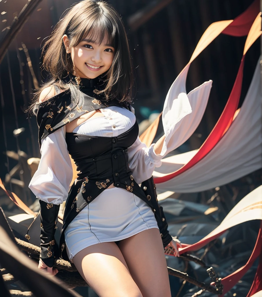 (8K、Raw photography、Highest quality、masterpiece:1.2),(Black Hair、Dark Eyes:1.9),(:1.6)、View your viewers,Front view,White skin,(:1.3)、(Tight waist:1.6)、(Clothes that accentuate the shape of the breasts:1.2)、(Big Breasts :1.5)、Slim figure、Ultra-high resolution,beautiful,beautiful fece,(One person、No background:1.9),whole bodyボディー,Japanese women,(reality的:1.37)、Photon Mapping,reality、(Baby-faced and cute: 1.2)、(Cute Smile: 1.8)、(Round face: 1.8)、Radio City、Physically Based Rendering、Depth of field rally background、photograph, (I can see your knees、Thigh close-up:1.8),(:1.6),whole body、Great quality
