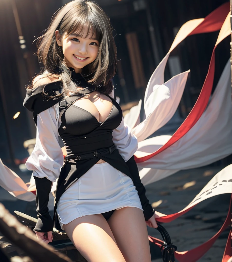 （8K、Raw photography、Highest quality、masterpiece：1.2),(Black Hair、Dark Eyes:1.9),(:1.6)、View your viewers,Front view,White skin,(:1.3)、(Tight waist:1.6)、(Clothes that accentuate the shape of the breasts:1.2)、(Big Breasts :1.5)、Slim figure、Ultra-high resolution,beautiful,beautiful fece,(One person、No background:1.9),whole bodyボディー,Japanese women,（reality的：1.37）、Photon Mapping,reality、(Baby-faced and cute: 1.2)、(Cute Smile: 1.8)、(Round face: 1.8)、Radio City、Physically Based Rendering、Depth of field rally background、photograph, (I can see your knees、Thigh close-up:1.8),（:1.6）,whole body、Great quality