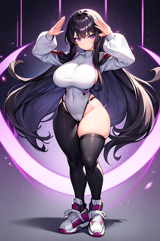 1girl, black hair, long hair, serious, salute, purple eyes, white bodysuit, bodysuit, large breasts, breasts, futuristic, tech, science-fiction, machinery, mature female, thick thighs, long sleeves, full body, ((full body)), standing, sneakers, hourglass figure