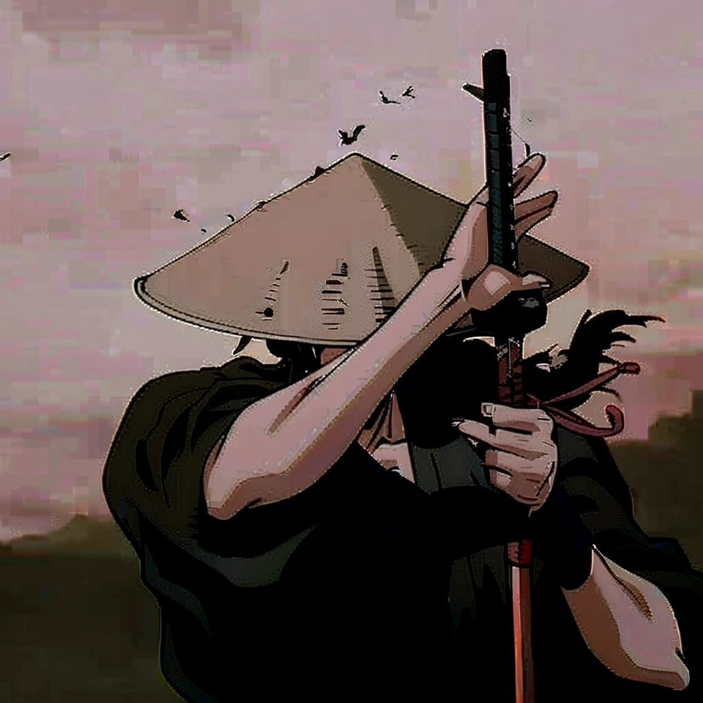 Anime figure with sword and hat on head, Samurai Champloo, Ninja-Scroll-Anime-Stil, inspired by Kanō Hōgai, miyamoto musashi, Samurai-Mann Vagabund, inspired by Kanō Sanraku, Afro-Samurai-Anime-Stil, Phone wallpaper, Anime-Wallpaper, takehiko inoue, carries swords on his back