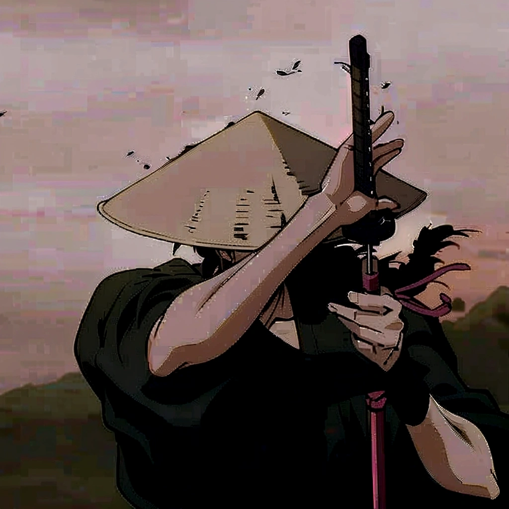 Anime figure with sword and hat on head, Samurai Champloo, Ninja-Scroll-Anime-Stil, inspired by Kanō Hōgai, miyamoto musashi, Samurai-Mann Vagabund, inspired by Kanō Sanraku, Afro-Samurai-Anime-Stil, Phone wallpaper, Anime-Wallpaper, takehiko inoue, carries swords on his back