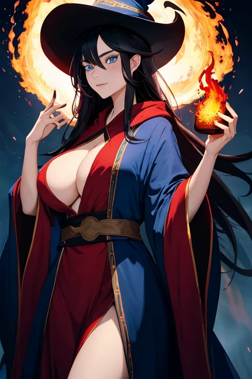 1girl, wizard robe, wizard hat, fire theme, black hair, long hair, blue eyes, large breasts, 