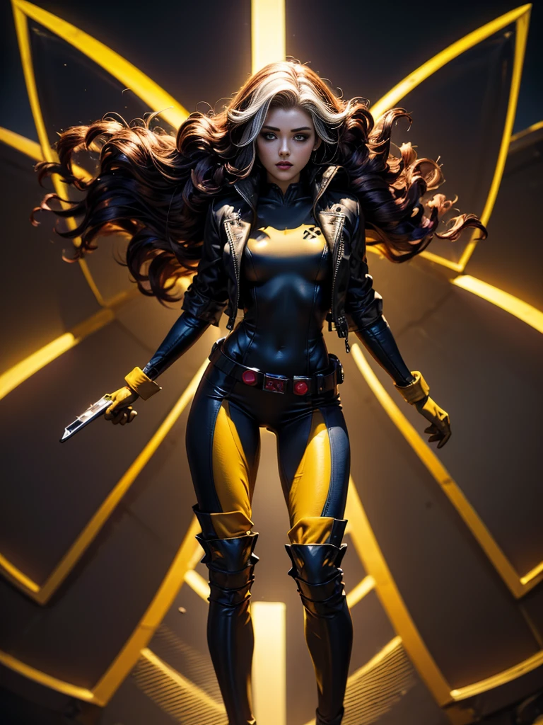 Alexandra Breckenridge、masterpiece、High quality 4K、villain (X-Men)、Gothic Girl、Sculpted Body Gothic Makeup、Black jacket、Red and blue bodysuit、masterpiece、Highest quality、Cowboy Shots、One personの女の子、One person、Technology Military Bodysuit、fringe