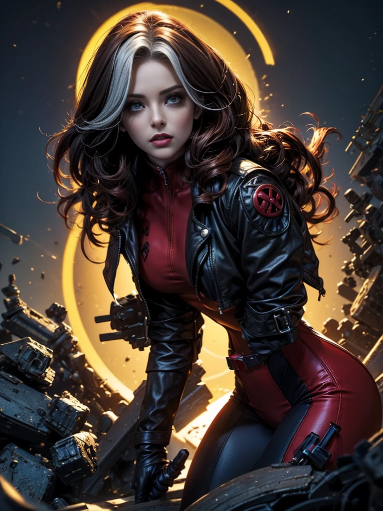 Zooey Deschanel、masterpiece、High quality 4K、villain (X-Men)、Gothic Girl、Sculpted Body Gothic Makeup、Black jacket、Red and blue bodysuit、masterpiece、highest quality、Cowboy Shots、one personの女の子、one person、Technology Military Bodysuit、fringe