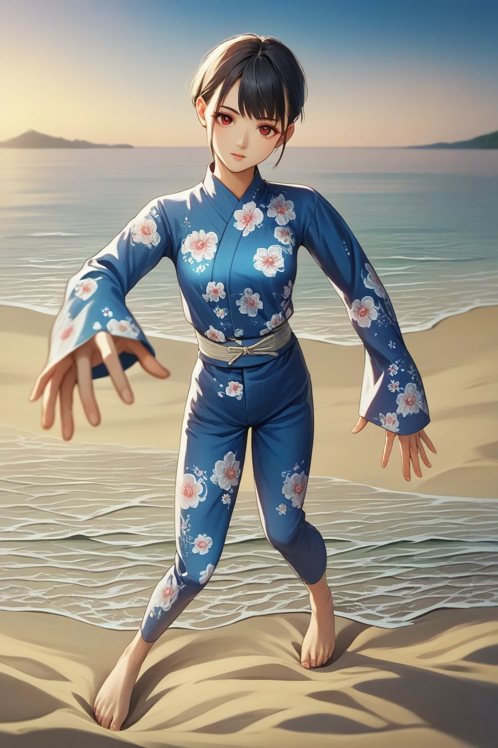 score_9, score_8_up, score_7_up, score_6_up, score_5_up, score_4_up, BREAK source_anime, 1girl, looking at viewer, short hair, red eyes, blue kimono, floral print, long sleeves, outside, sand, water, sky