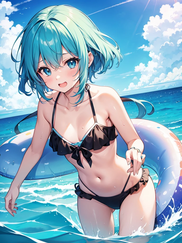 bikini、Ocean、Water Play、girl、S-word、tomboy、Get excited、Climbing on a floating ring