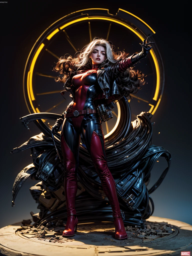 Penelope Cruz、masterpiece、High quality 4K、villain (X-Men)、Gothic Girl、Sculpted Body Gothic Makeup、Black jacket、Red and blue bodysuit、masterpiece、Highest quality、Cowboy Shots、One personの女の子、One person、Technology Military Bodysuit、fringe
