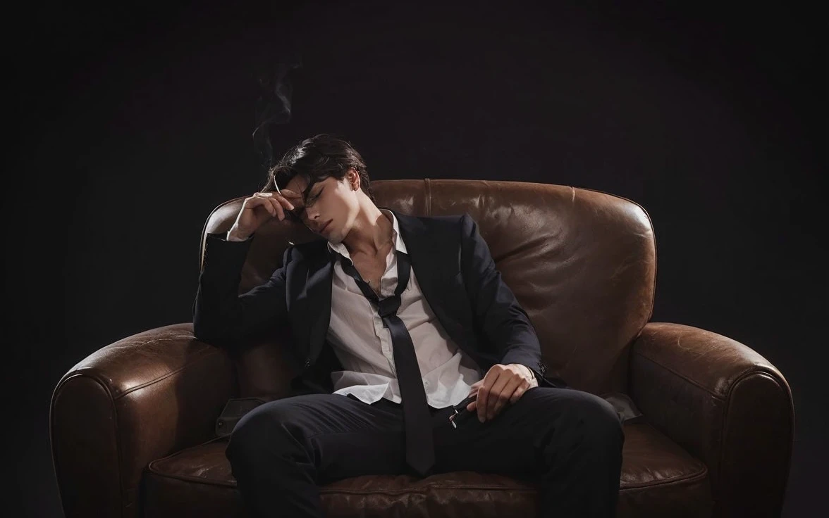 Male face, well defined features, no errors and hair at the root of the neck , make hair a little longer, ON THE FACIAL VELLO, with eyes closed, defined lips and lit cigarette with smoke in the right hand. That the defos are not deformed