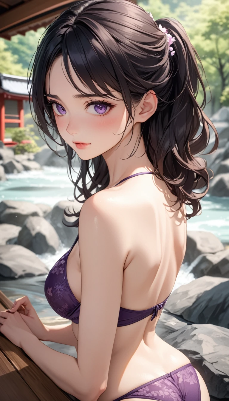 masterpiece, High resolution, perfect face, beauty of japan, 30 years old, beautiful face, hot spring, purple bikini, embarrassed look, top quality eyes, detailed texture, look at me, Married woman, cool women, high resolution eyes, black hair, ass job
