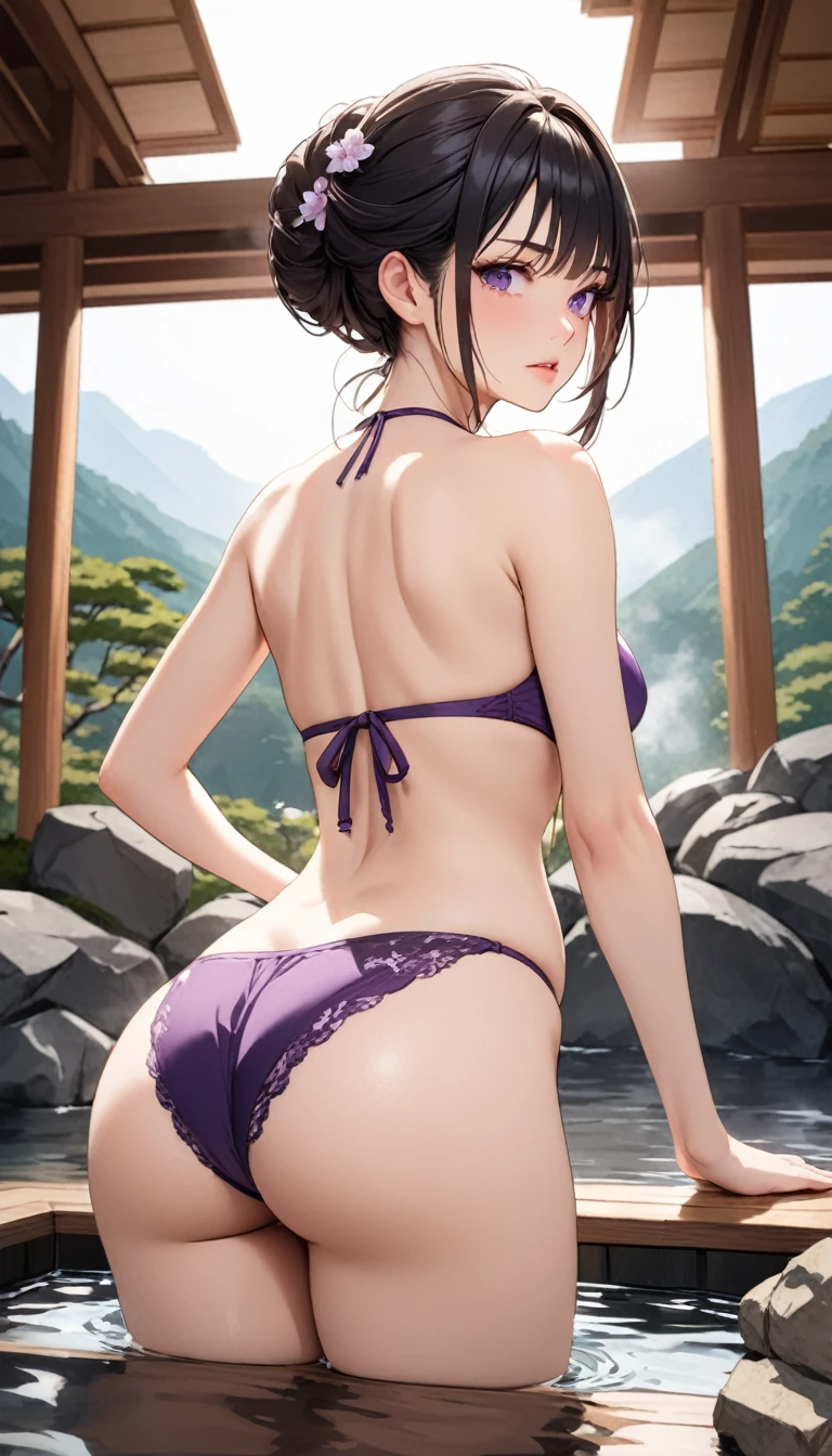 masterpiece, High resolution, perfect face, beauty of japan, 30 years old, beautiful face, hot spring, purple bikini, embarrassed look, top quality eyes, detailed texture, look at me, Married woman, cool women, high resolution eyes, black hair, ass job