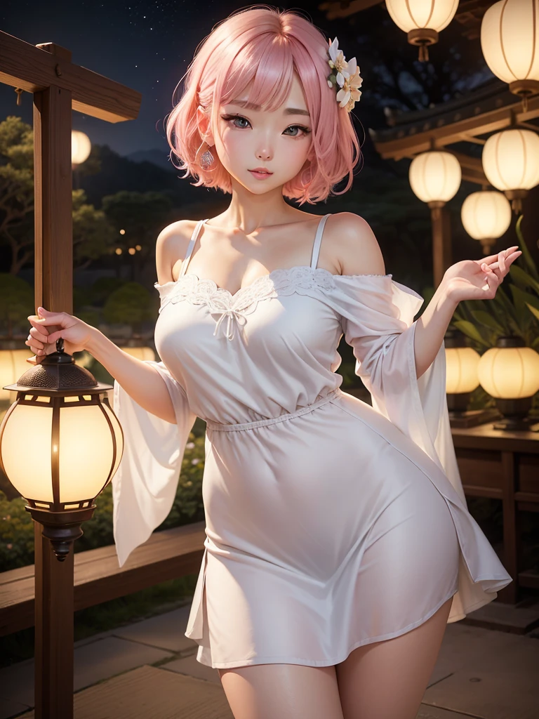 17 year old girl, short white hair, Very curly, ribbon on the neck, Skinny body, small bust, naked, With a blanket, lying down, two hands, shows her legs, sitting on a hill at night, very starry sky, few trees, flowers illuminating, she very pretty.