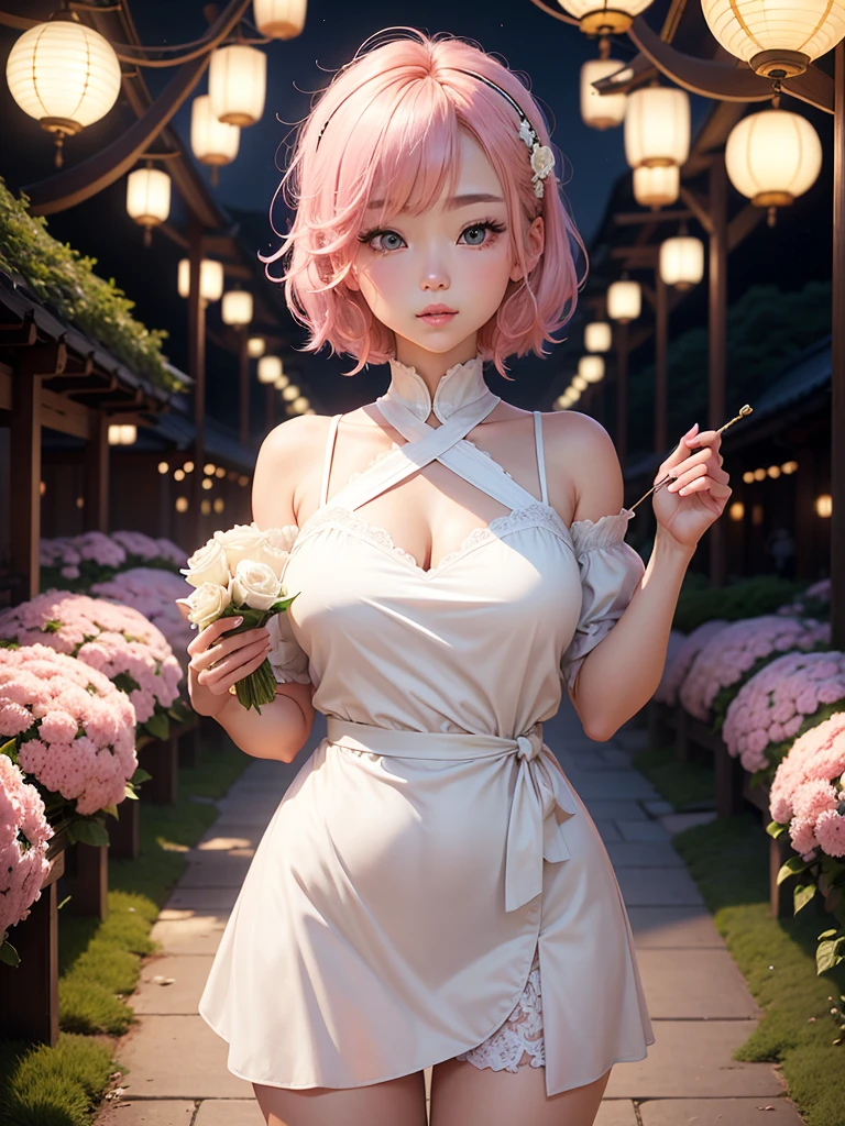 In light novel art style, a young Korean woman 28s. Her hair is short at shoulder in a blonde pink colors. Her face is slightly shorter than it is long, which carry a warm , expressive face. Her skin is radiant and clear, and her curved lips. Large blue eyes are expressive and captivating. Her natural body and defined made up of proportional curves. She is wearing a white dress while the light of the lanterns in the botan garden at night illuminates the flowers