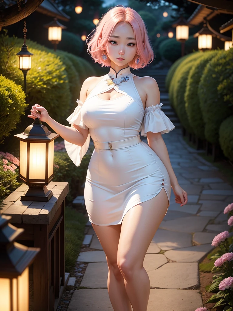 In light novel art style, a young Korean woman 28s. Her hair is short at shoulder in a blonde pink colors. Her face is slightly shorter than it is long, which carry a warm , expressive face. Her skin is radiant and clear, and her curved lips. Large blue eyes are expressive and captivating. Her natural body and defined made up of proportional curves. She is wearing a white dress while the light of the lanterns in the botan garden at night illuminates the flowers