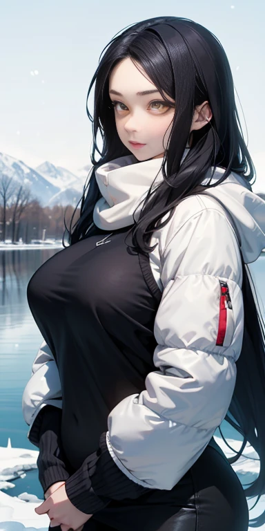 1 girl, black hair, yellow eyes, very long hair, pale skin, curvy, (extremely muscular), perky breasts, (winter clothes), frozen lake
