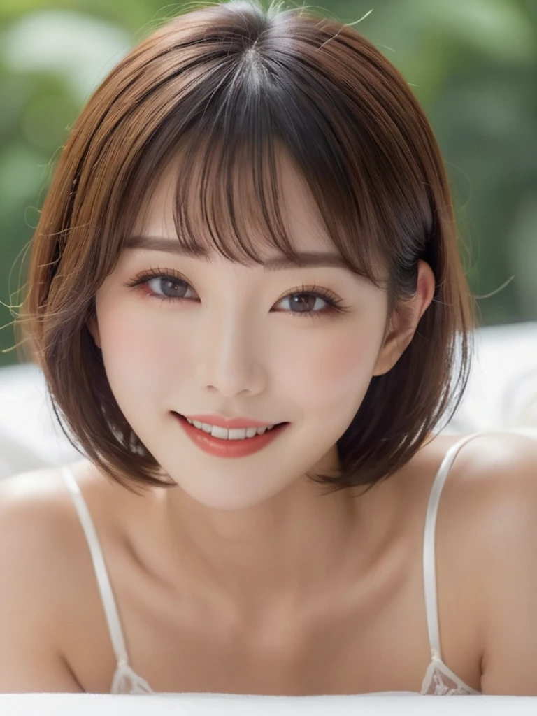 Masterpiece, High Quality, High Resolution, (Super Detail) ), (Wallpaper), ((Face) Detail),masterpiece, One woman per photo, Full Body Shot,Underarm、 A composition looking down on the subject from the front, Young and beautiful woman in Japan, Smiling super cute face, short hair, Wearing a sleeveless white silk satin chemise with white lace,White panties are visible、 Small breasts、skinny、Glossy Lips, Attractive person, On a silk bed,Sitting、Spread your legs, Silk pillow, Silk bed sheets, Double eyelids on both eyes, Natural Makeup, Long eyelashes, Shiny and smooth light brown hair, Asymmetrical bangs, Fair skin, Center image, 8K resolution, High detail, Detailed hairstyle, Detailed face, Spectacular movie lighting, Vibrant, Ultra-realistic, Perfect limbs, Perfect Anatomy,Beautiful teeth alignment