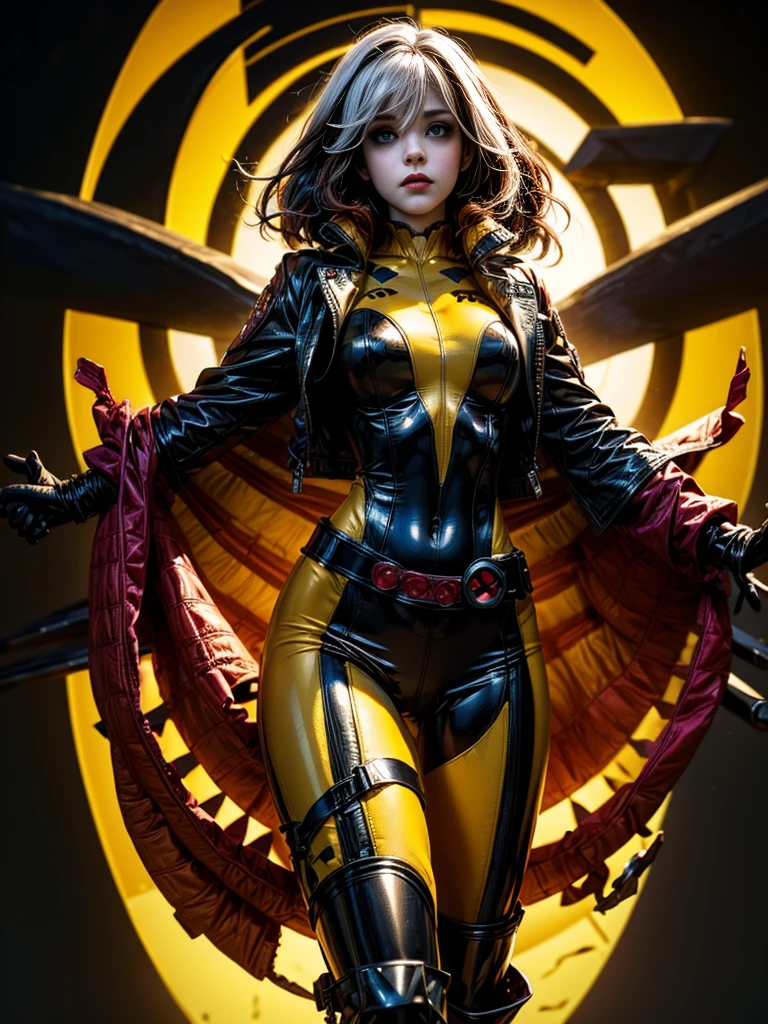 Zooey Deschanel、masterpiece、High quality 4K、villain (X-Men)、Gothic Girl、Sculpted Body Gothic Makeup、Black jacket、Red and blue bodysuit、masterpiece、Highest quality、Cowboy Shots、One personの女の子、One person、Technology Military Bodysuit、fringe