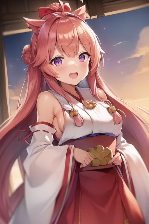 One girl, alone, Long Hair, King Kongu (Kantai Collection),Sakura Miko, Pink Hair, Double Bang, Purple eyes, Hair Bun, Ahoge, Open your mouth, Non-traditional Shrine Maiden, Removable sleeves, Brown eyes, White Background, (headgear):2, (Hair Bunド):2, smile, Sleeves edged with ribbon, Simple Background, kimono, Ribbon trim, View your viewers,  username, Upper Body, Wide sleeves, :d, King Kong